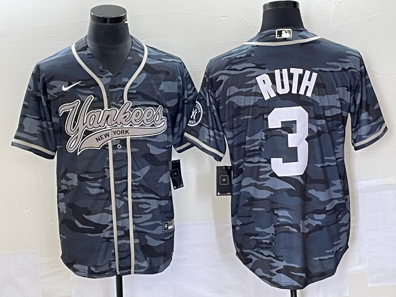 Men's New York Yankees #3 Babe Ruth Gray Camo With Patch Cool Base Stitched Baseball Jersey